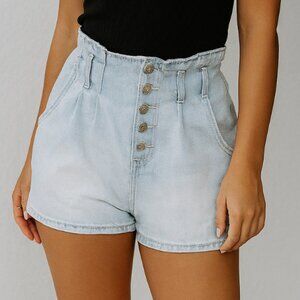 American Eagle Women's Light Blue High Waisted Button Front Paperbag Mom Shorts